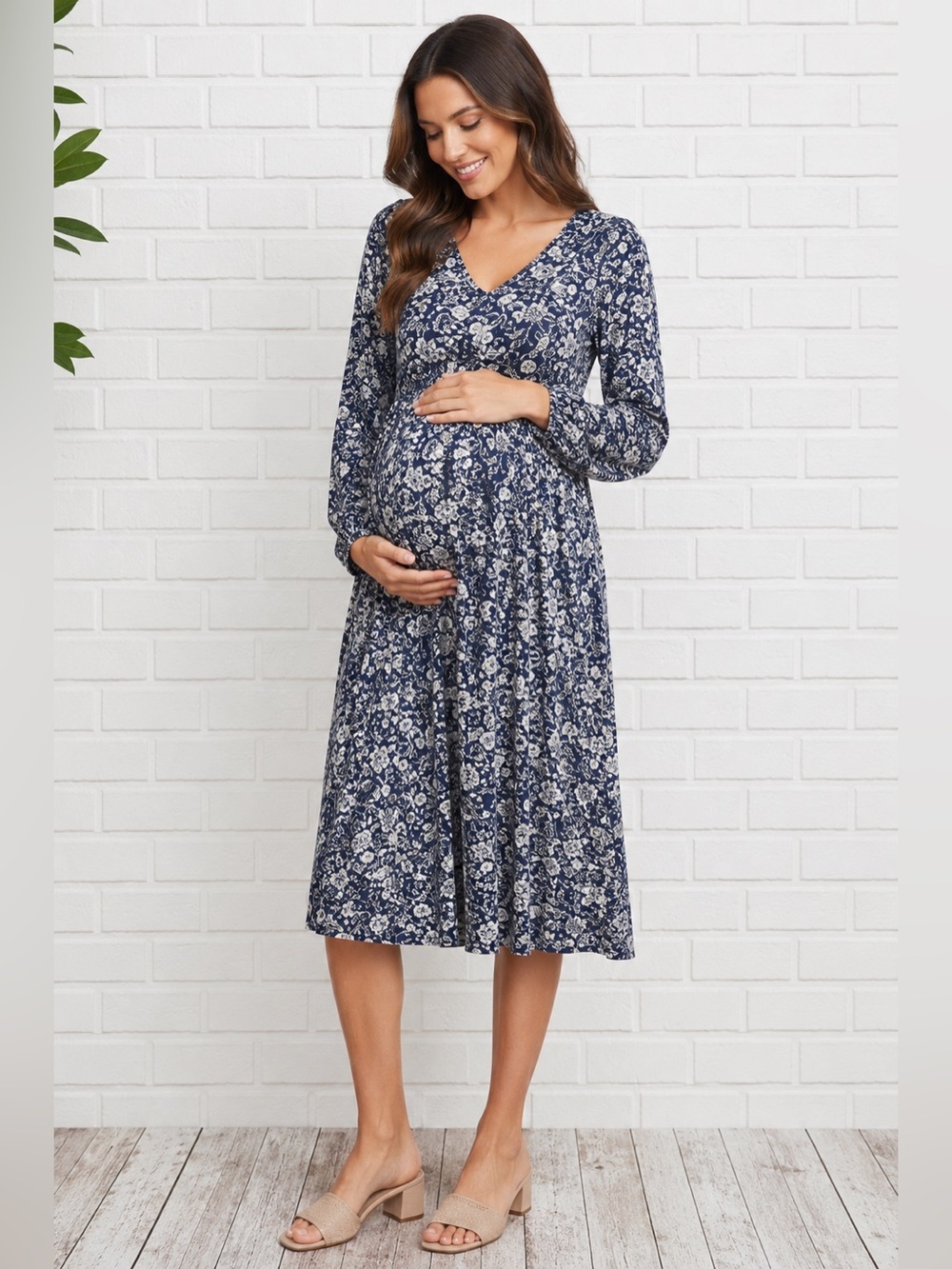 Ingrid + Isabel Navy Floral Maternity Dress Size S Empire Waist Long Sleeve Midi